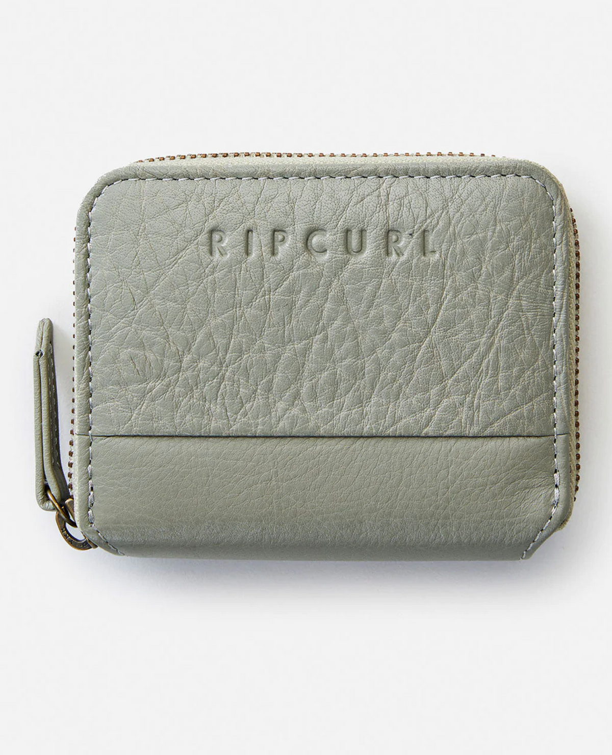 The Rip Curl Small Leather Wallet in textured gray leather features an embossed brand name on the front. This minimalist design includes a zipper closure and an ID window for convenience.