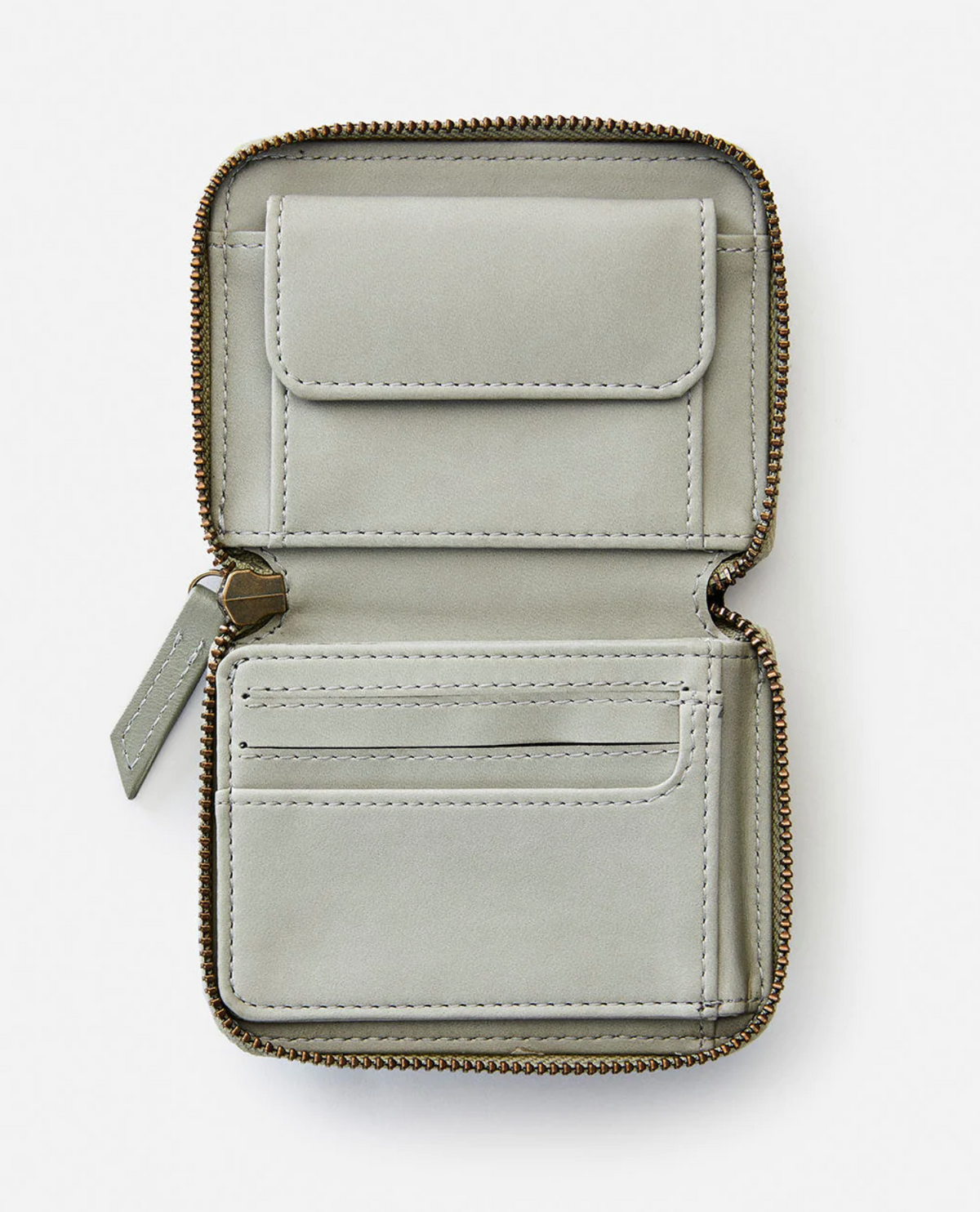 Rip Curl Small Leather Wallet in gray leather with a zipper closure. Features multiple pockets, card slots, an ID window, and a small flap pocket. The open wallet is placed against a white background.