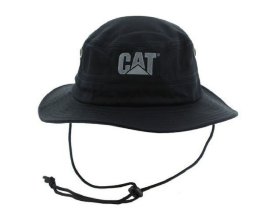 The CAT Trademark Safari Hat is a black cotton bucket hat with a wide brim and chin strap, featuring the iconic gray CAT logo on the front, blending style with safari functionality.