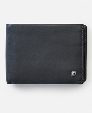 The Rip Curl Hydro RFID All Day Wallet, made from sleek black Hydro leather, features a small silver emblem at the bottom right on a plain white background. It offers RFID protection, a smooth texture, and visible edge stitching.