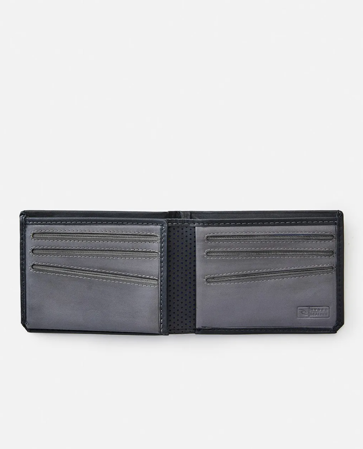 Explore the elegant Rip Curl Hydro RFID All Day Wallet made from premium Hydro leather. It features an open black design with multiple card slots on both sides and RFID protection for enhanced security, all set against a plain white background.