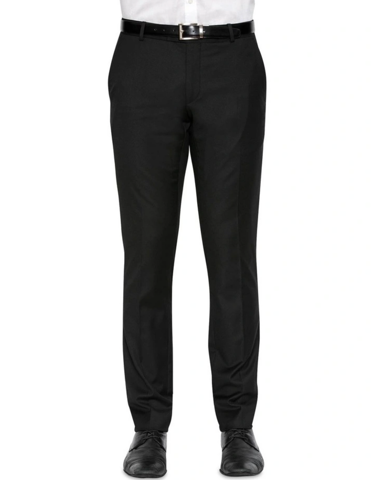 A person wearing tailored black Cambridge Jura Trousers with a sleek black belt and shoes contrasts against a tucked-in white dress shirt. The photo captures the precision and elegance of the lower half against a plain white background, evoking Cambridge style.