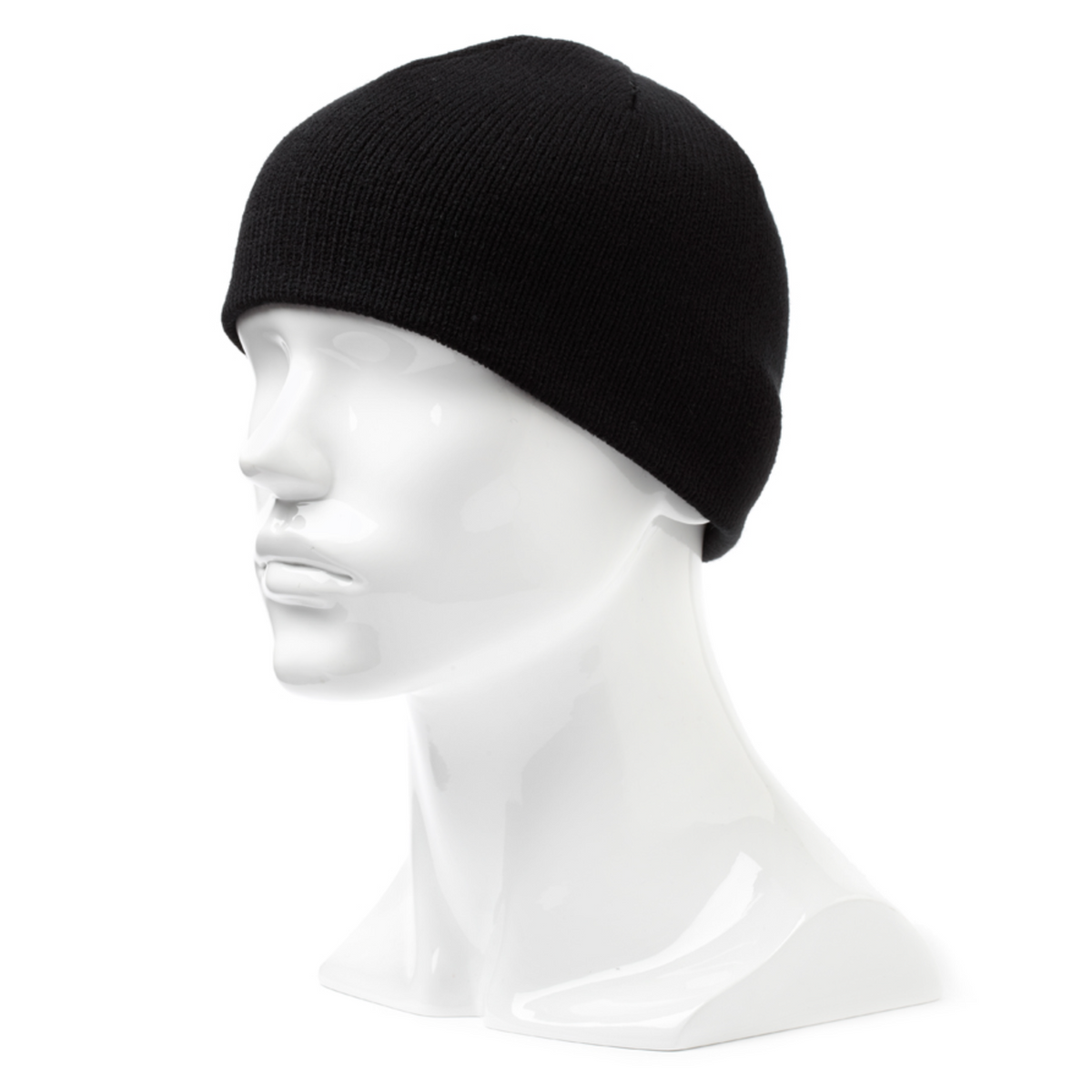 A white mannequin head displays a plain black Rainbird Skull Beanie against a white backdrop. Featuring a simple, double-knit texture, this beanie offers unisex style suitable for any wardrobe.