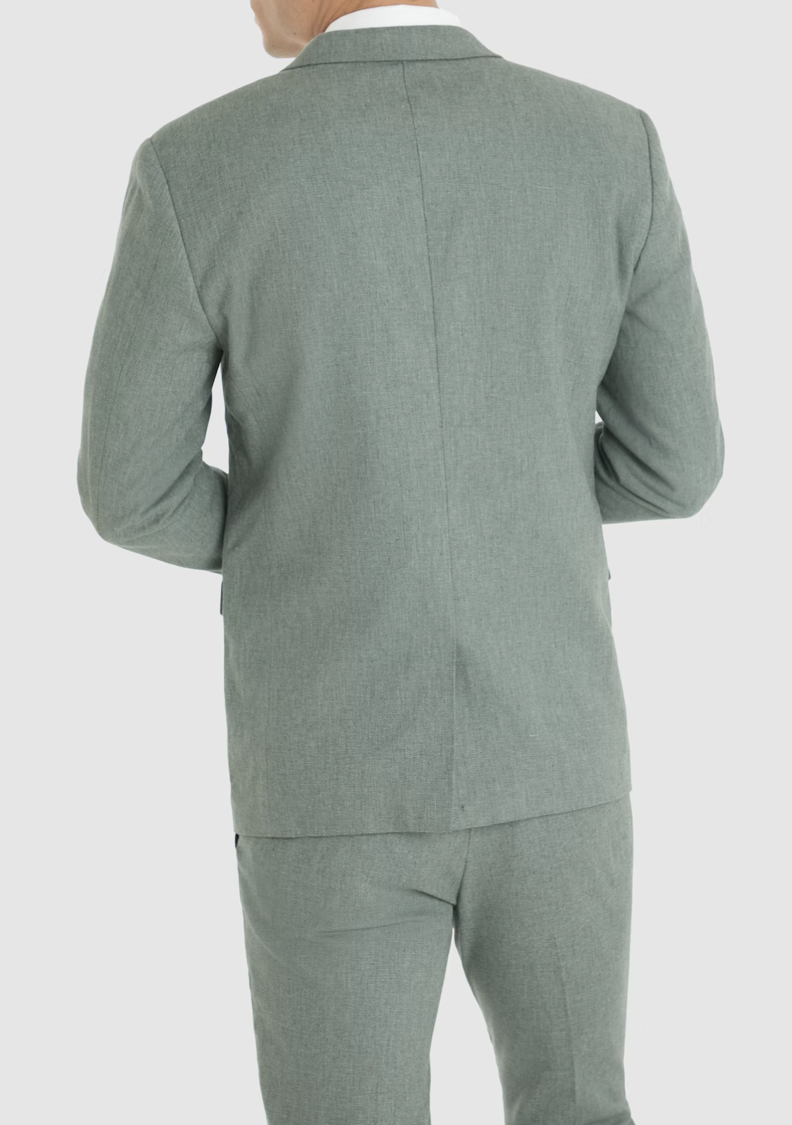 A person is shown from the back wearing the Connor Scarborough Slim Blazer in light gray-green, with arms slightly bent and head turned left. The plain, light background emphasizes the blazer’s refined slim-fit design.
