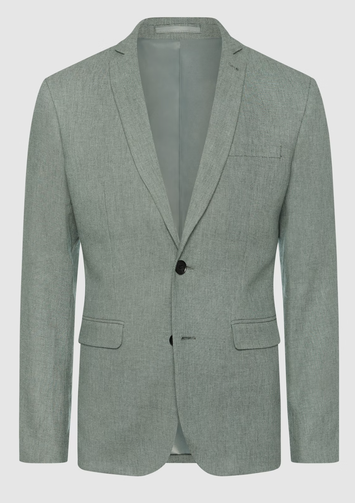 The Connor Scarborough Slim Blazer is a light grey men's blazer with a notched lapel, textured detailing, two black buttons, flap pockets, and a chest pocket—shown on a plain background. A sharp style statement from Connor.