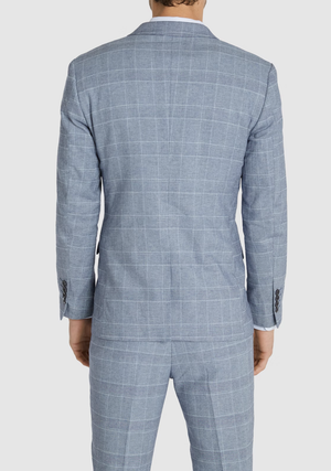 A man is shown from the back wearing the Connor Sorrento Slim Suit Jacket in light blue with a subtle white plaid pattern, featuring buttoned cuffs and matching trousers for a modern, tailored look.