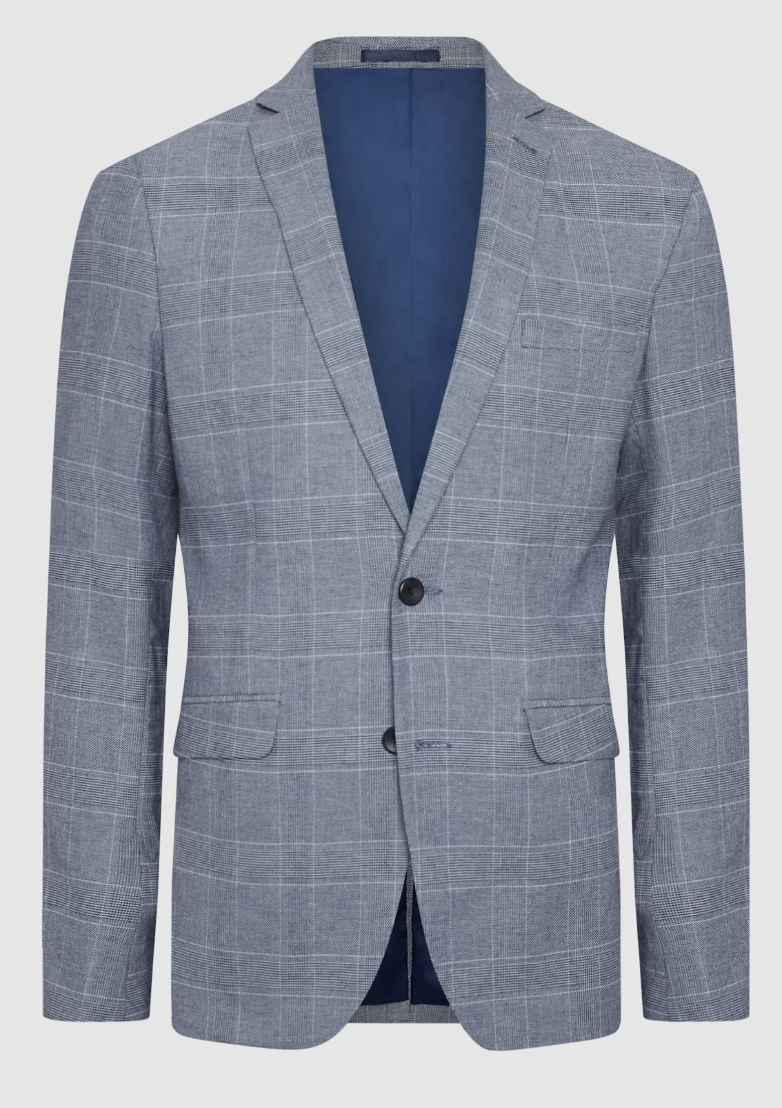 The Connor Sorrento Slim Suit Jacket features a light gray plaid design, slim fit, notched lapel, two-button closure, flap pockets, and blue inner lining, displayed against a plain white background.