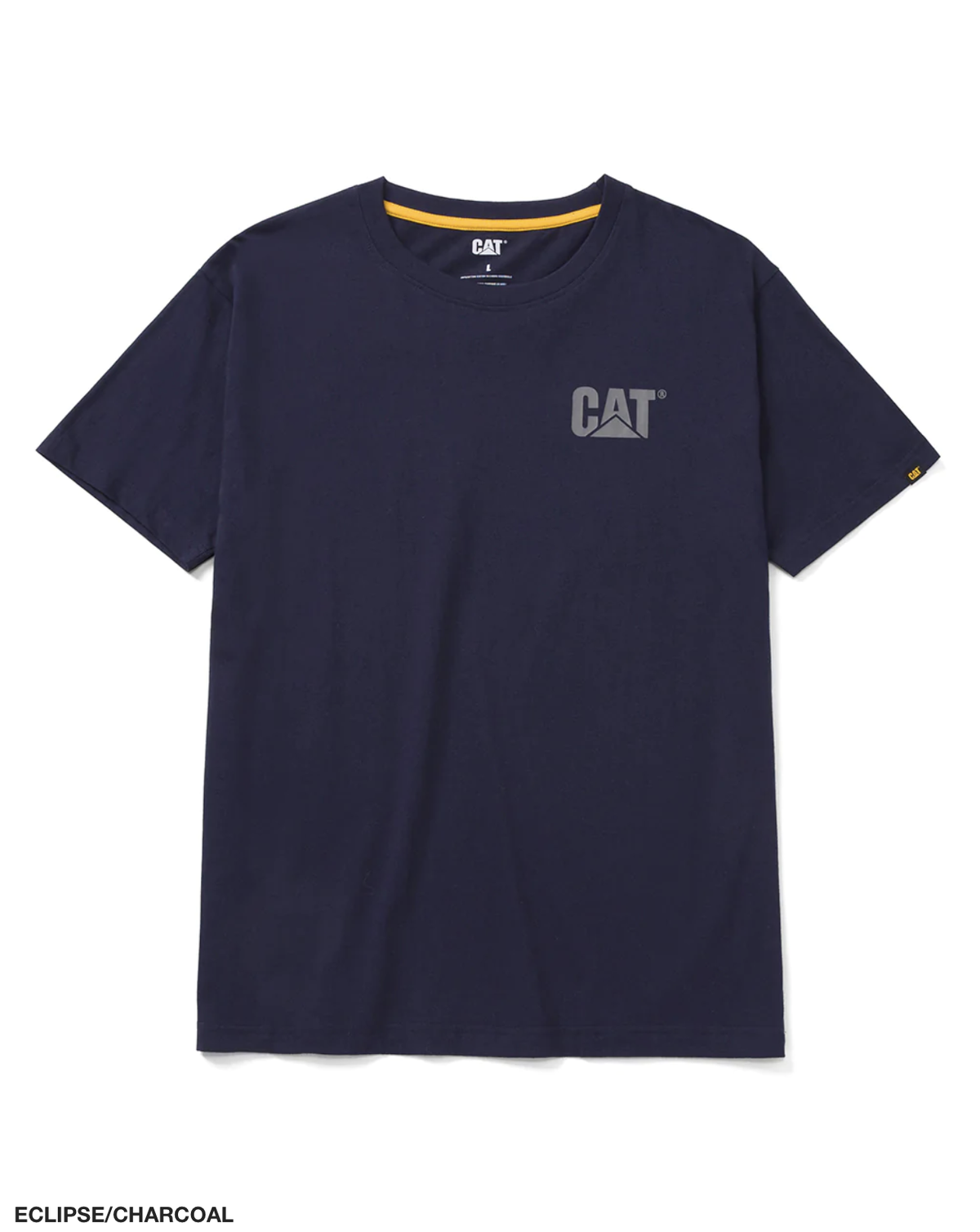 The CAT Trademark Tee is a short-sleeved, 100% cotton t-shirt in "Eclipse/Charcoal," featuring a small gray CAT logo on the left chest and a yellow accent inside the collar.