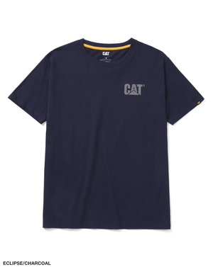 The CAT Trademark Tee is a short-sleeved, 100% cotton t-shirt in "Eclipse/Charcoal," featuring a small gray CAT logo on the left chest and a yellow accent inside the collar.