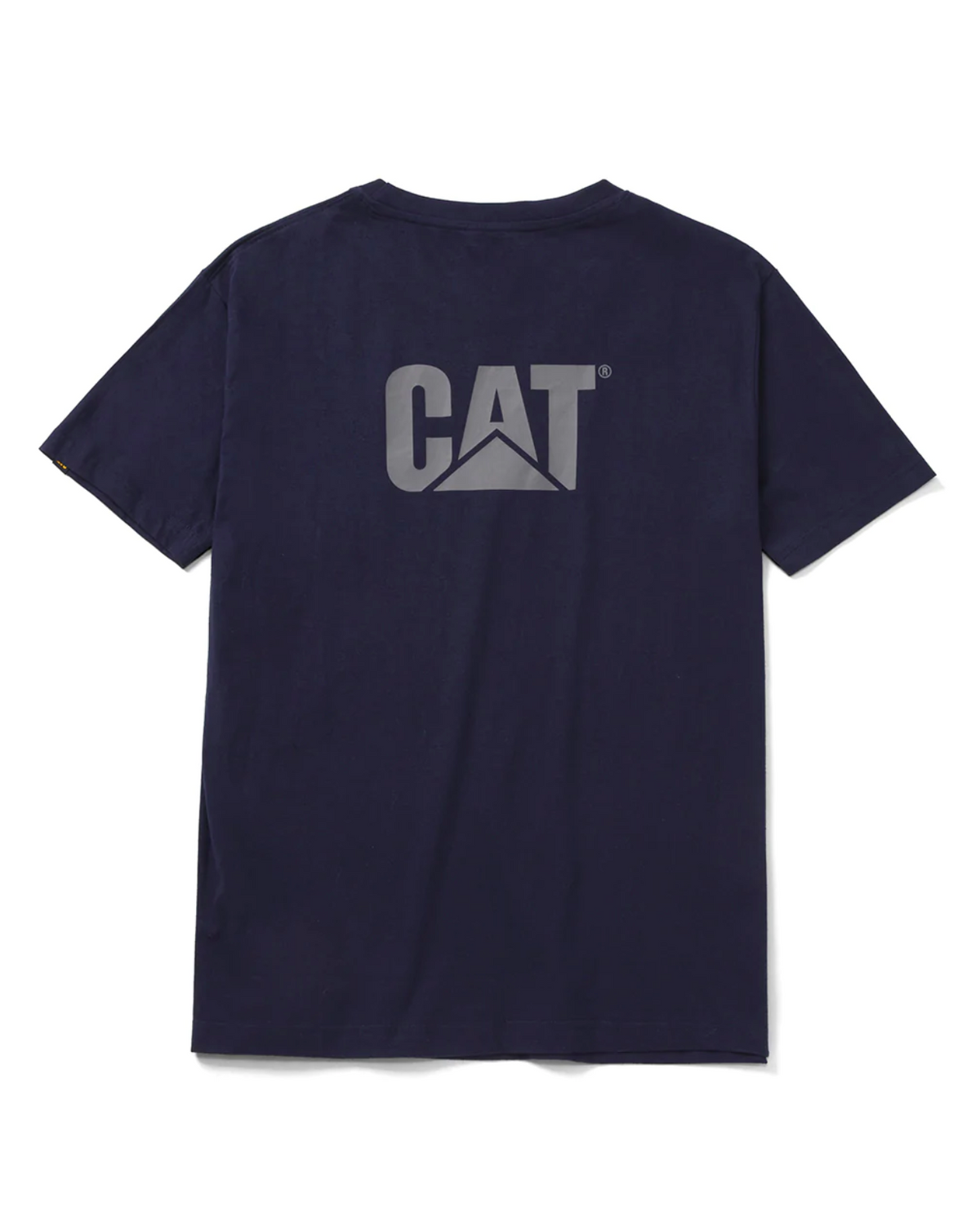 A navy blue CAT Trademark Tee with the "CAT" logo in large gray letters on the back. Made of 100% cotton, it features a stylized triangular design beneath the text and lies flat against a plain background.