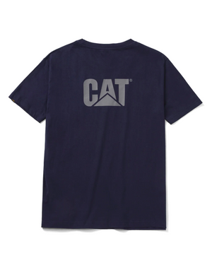 A navy blue CAT Trademark Tee with the "CAT" logo in large gray letters on the back. Made of 100% cotton, it features a stylized triangular design beneath the text and lies flat against a plain background.