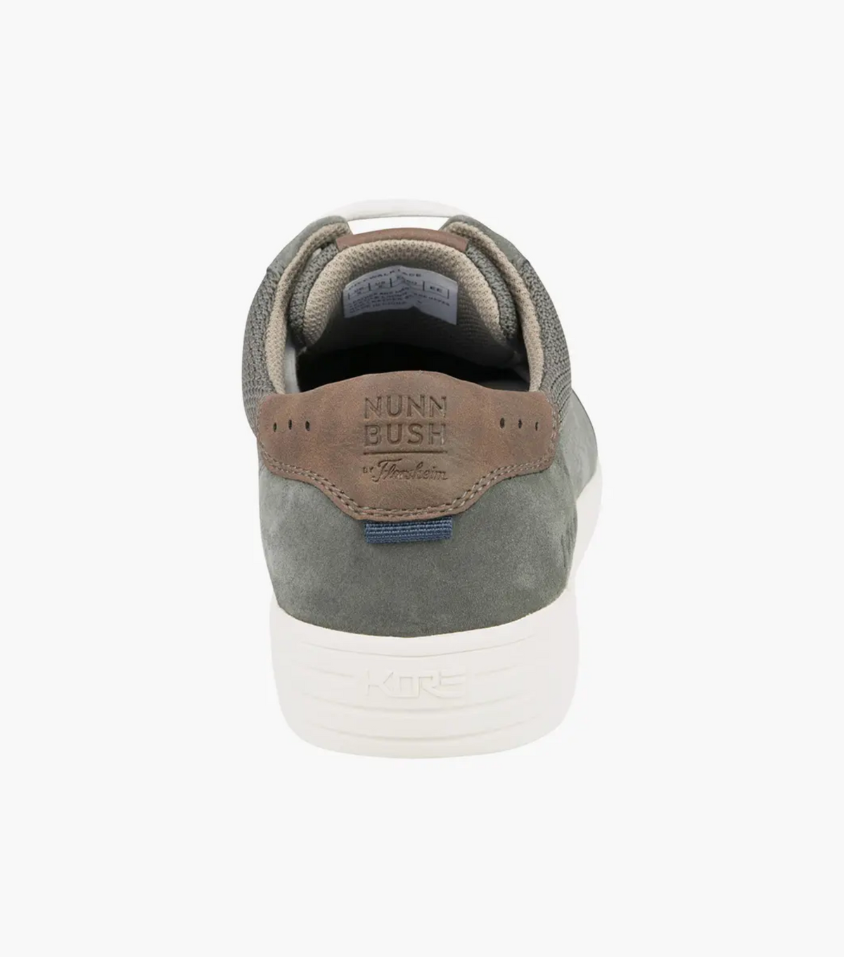 Back view of a casual Florsheim City Walk Lace Sneaker with a grey upper, brown accents, white sole; "Nunn Bush" embossed on the heel and "KORE" on the sole. Made with perforated suede leather for breathability, it features a cushioned footbed for enhanced comfort.