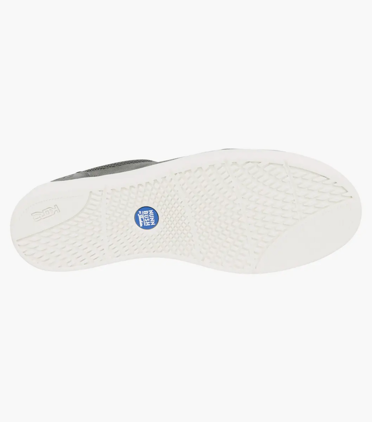 The image shows the sole of a Florsheim City Walk Lace Sneaker with a textured grip. The white sole has a blue circular logo and features "NEVER WET." It offers comfort with its cushioned footbed and stylish appeal.