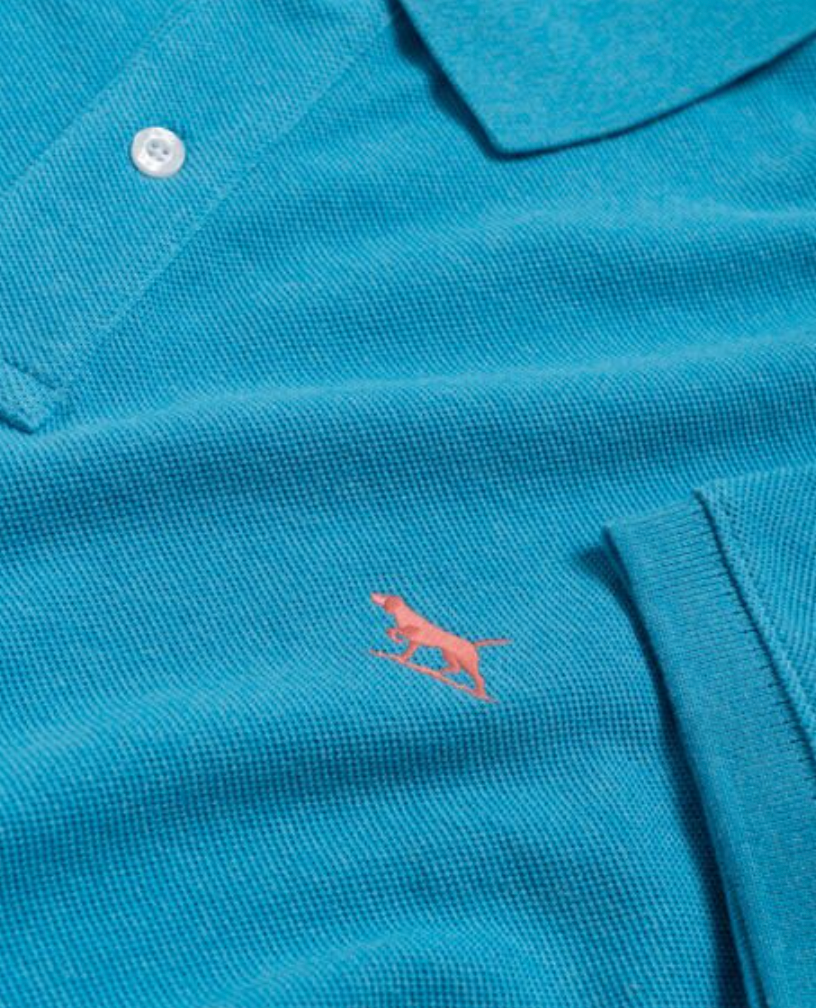 Close-up of the Rodd & Gunn The Gunn Polo, a teal modern fit shirt made from soft Australian Cotton, featuring a small embroidered red dog emblem and buttoned collar for a classic look.