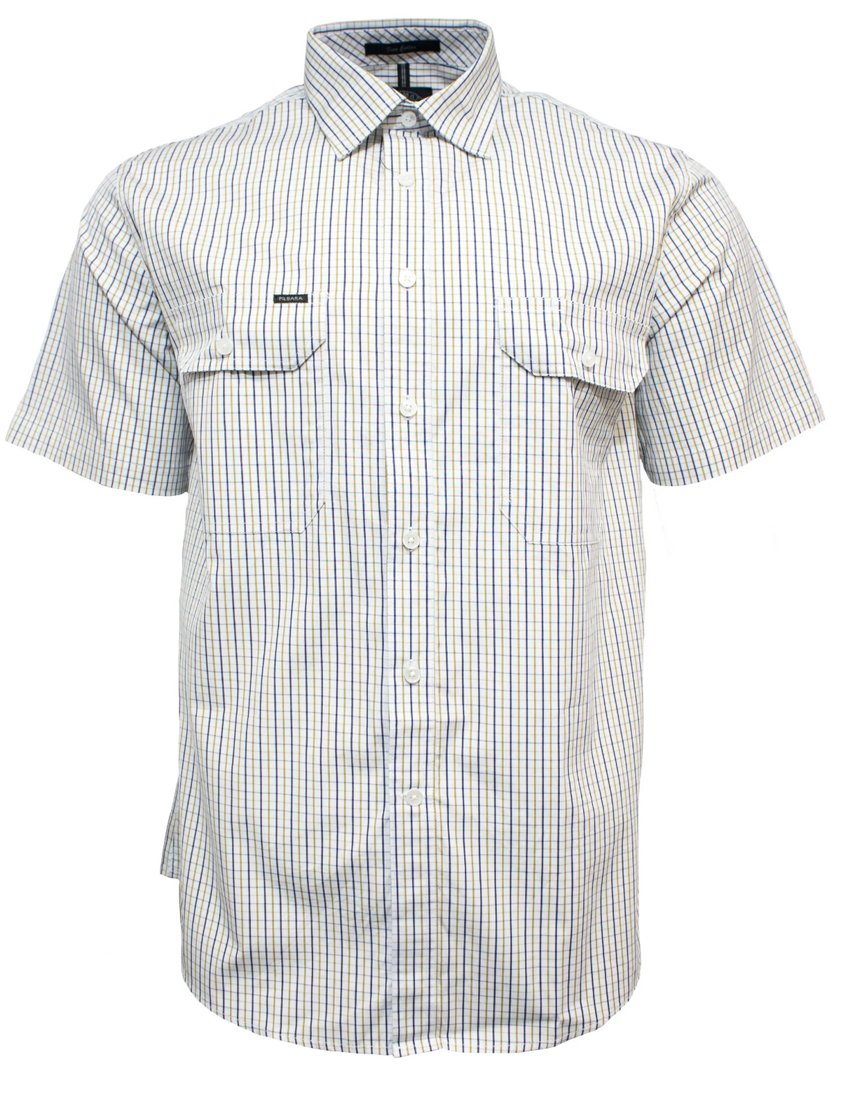 The Pilbara Short Sleeve Check Double Pocket Shirt is a button-up work shirt designed for Australian conditions, featuring short sleeves, a classic collar, and a subtle blue and yellow vertical stripe pattern. It includes two chest pockets with buttoned flaps and offers a comfortable cotton finish.