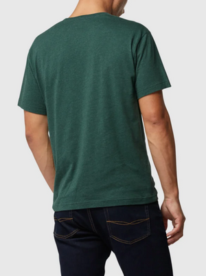 A person with short hair models a sports fit, medium dark green Rodd & Gunn The Gunn T-shirt made from Australian Cotton, standing back to the camera against a plain background, paired stylishly with dark jeans.