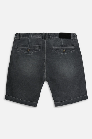 The Drifter Denim Short by Industrie is shown from the back in dark gray, with two buttoned back pockets and belt loops, against a white background. Ideal for anyone looking for comfortable casual shorts with classic design features.