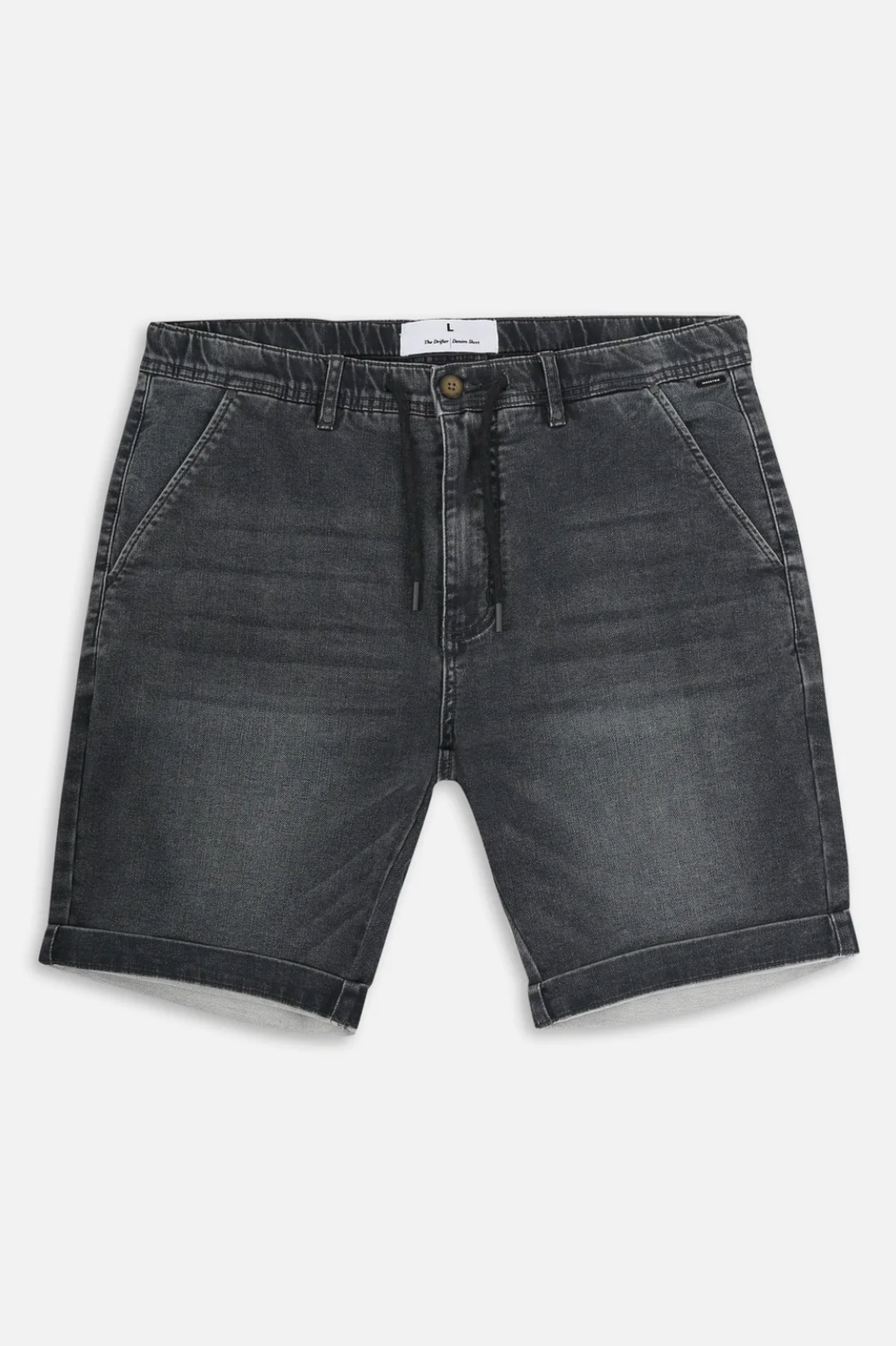 The Industrie The Drifter Denim Short features black faded wash denim, an elastic waistband with a drawstring and button closure, two side pockets, and a folded hem for casual comfort.