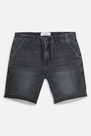 The Industrie The Drifter Denim Short features black faded wash denim, an elastic waistband with a drawstring and button closure, two side pockets, and a folded hem for casual comfort.