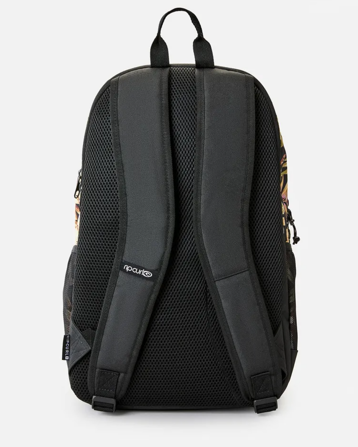 Back view of the black Rip Curl Ozone 2.0 30L Backpack, crafted from recycled polyester, features padded shoulder straps, mesh padding, top handle, adjustable straps, laptop compatibility, side pockets, and a small logo tag enhancing its side printed design.