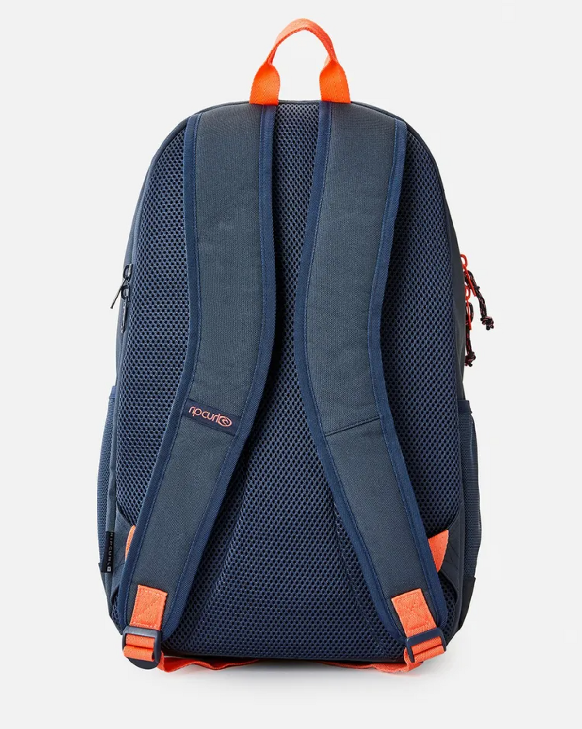 Rear view of the blue and orange Rip Curl Ozone 2.0 30L Backpack, with padded shoulder straps, mesh padding, and a top loop handle. Made from recycled polyester, it features a small logo near the straps and fits a 15" laptop.