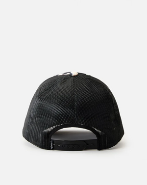 The Rip Curl Sol Seeker Trucker is a black mesh hat with an adjustable snapback, featuring a curved brim and small logo tag on the recycled polyethylene adjustment strap.