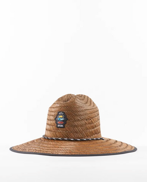 The Rip Curl Icons Straw Hat showcases a wide brim adorned with a bird and mountain design patch. It features a braided band above the brim, dark edge trim, and is set against a plain white background.