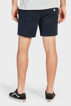 A person with light skin stands facing away wearing a gray shirt and dark blue Academy Brand Volley Short with an elastic waist. They're also in black and white sneakers against a plain white background.