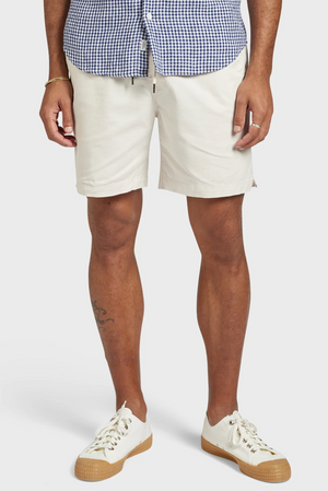 Sporting a blue and white checkered shirt, the person pairs it with beige Academy Brand Volley Shorts featuring an elastic drawstring waist and white sneakers. Their arms hang naturally, revealing a partially visible leg tattoo against a plain white background.