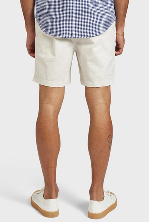A person wearing a blue and white checkered shirt is seen from the rear, paired with Academy Brand Volley Shorts and white sneakers featuring brown soles. They have a tattoo on their right calf, set against a plain white background.