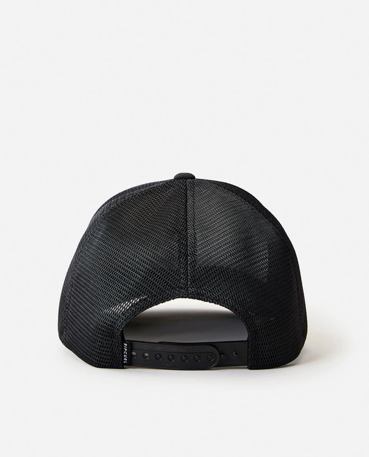 The Rip Curl Tepan Trucker cap is displayed from the back on a white background, highlighting its black mesh back and adjustable snapback closure.