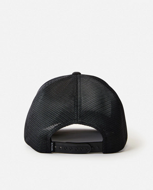 The Rip Curl Tepan Trucker cap is displayed from the back on a white background, highlighting its black mesh back and adjustable snapback closure.