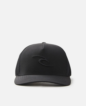 The Rip Curl Tepan Trucker is a black cap featuring a curved brim and mesh back panels. Its front boasts a subtle embroidered wave logo that embodies the laid-back surfer vibe, set against a plain white background.