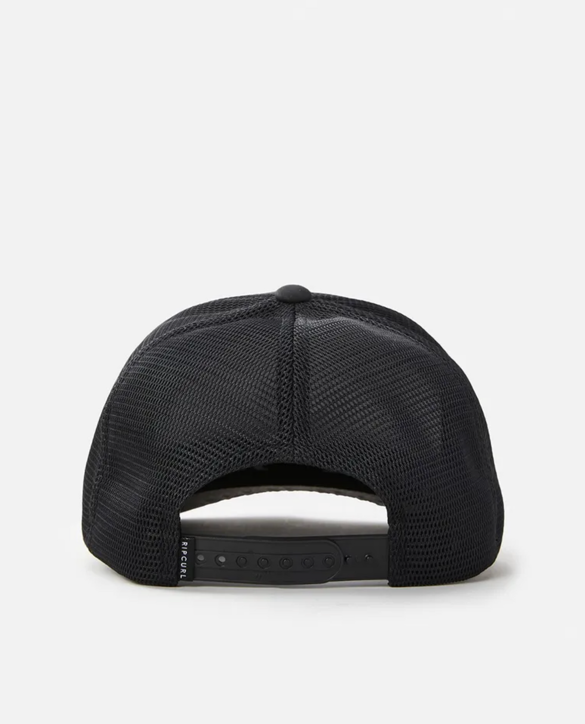 The Rip Curl Tepan Trucker is a black mesh back cap shown from the rear, featuring an adjustable snapback strap with a tab. Its simple design stands out against a white background, highlighting its sleek and functional appeal.