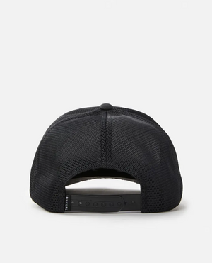 The Rip Curl Tepan Trucker is a black mesh back cap shown from the rear, featuring an adjustable snapback strap with a tab. Its simple design stands out against a white background, highlighting its sleek and functional appeal.