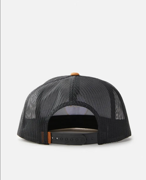 A rear view of the Rip Curl Routine Trucker shows a black mesh cap with a brown button on top, featuring an adjustable snapback closure.