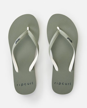 A pair of Rip Curl Bondi 2 Tone Thongs in green with white straps. The word "ripcurl" is printed on each sole near the toes and also on the straps. Made of durable thermo rubber compound, these summer thongs are placed side by side on a plain white background.