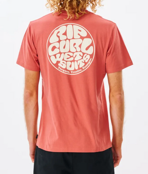A person with wavy blonde hair is seen from behind, wearing the Rip Curl Wetsuit Icon Tee. This comfortable, 100% cotton red t-shirt showcases a large Rip Curl print on the back, emblazoned with the words "RIP CURL WETSUITS, Torquay, Trestles, Hossegor" in bold, white, retro-style font.