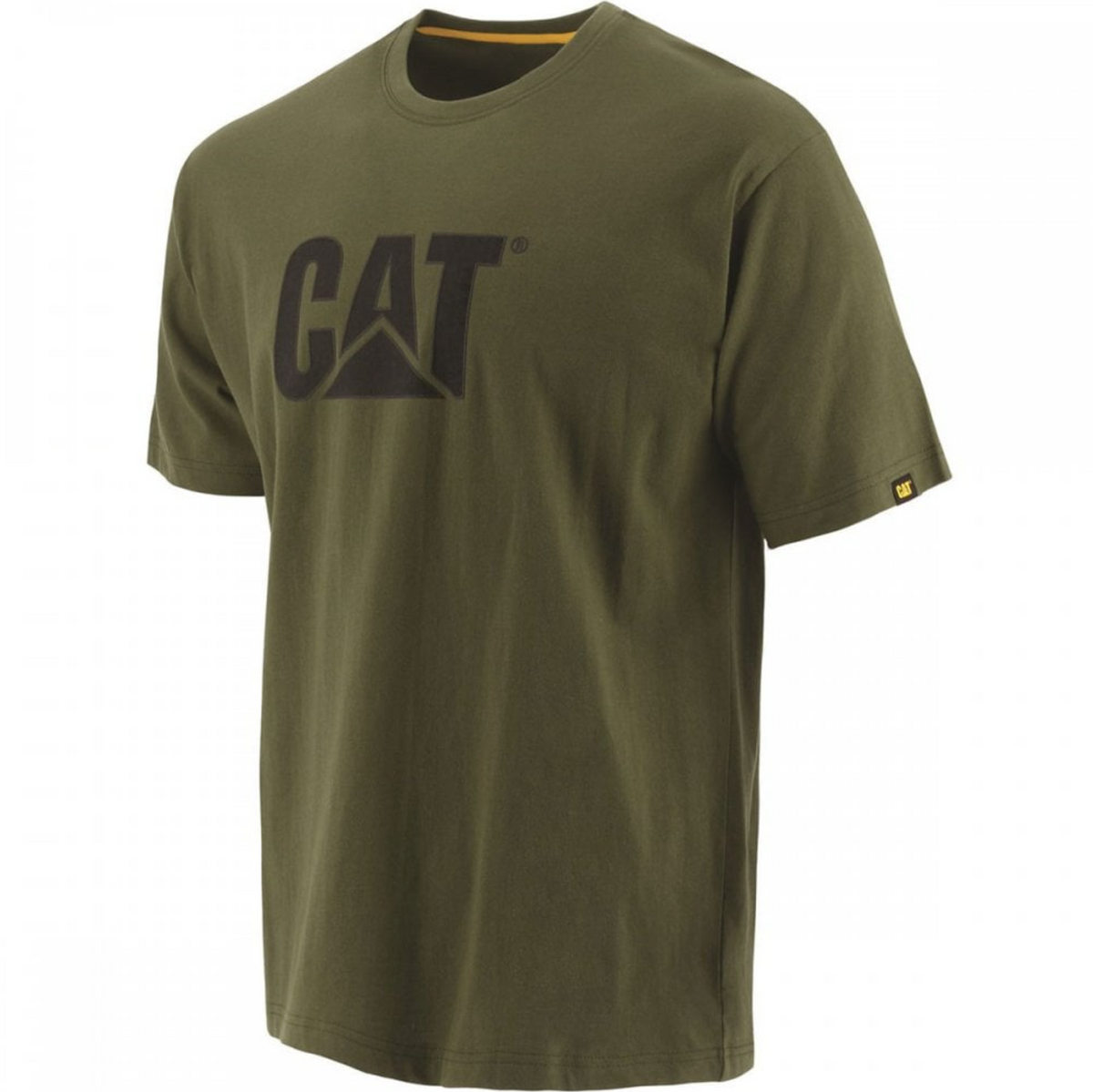 The olive green CAT Trademark Logo Tee features a black iconic logo on the front. This comfortable, short-sleeved shirt, displayed against a white background, highlights its casual design and round neckline.