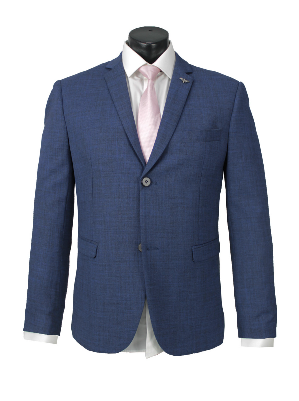 Displayed on a mannequin, the Scuzzatti Slim Fit Suit in blue features a two-button jacket with a subtle checkered pattern, paired with a white dress shirt and light pink tie. Includes a small pin on the left lapel. Consult our size guide for half chest measurements to ensure the perfect fit.