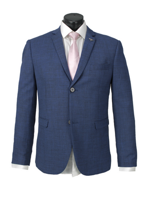 Displayed on a mannequin, the Scuzzatti Slim Fit Suit in blue features a two-button jacket with a subtle checkered pattern, paired with a white dress shirt and light pink tie. Includes a small pin on the left lapel. Consult our size guide for half chest measurements to ensure the perfect fit.