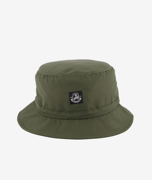 The Swanndri Murrays Bay v2 Hat is a green bucket hat with a black patch featuring a white logo on the front, displayed on a white background. Its DWR coating offers style and weather resistance.