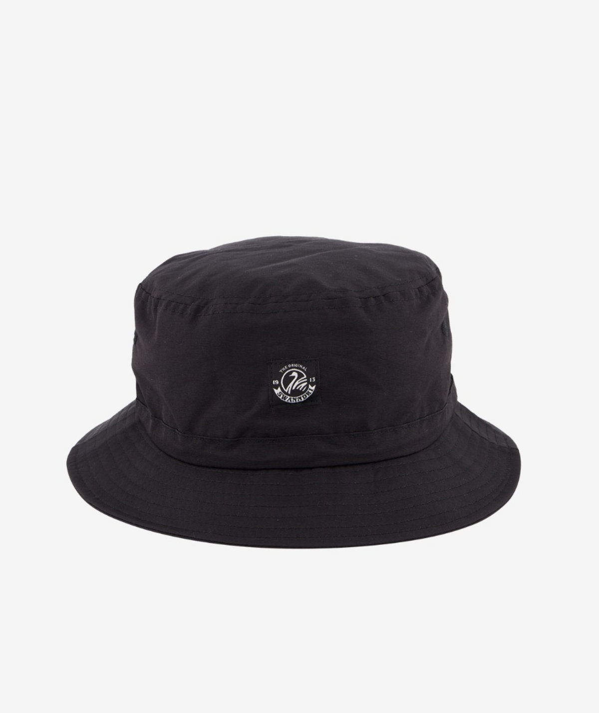 Introducing the Swanndri Murrays Bay v2 Hat— a black bucket hat featuring a small embroidered circular logo with text and design on the front. It has a flat top, downward-sloping brim, and visible seam stitching. Perfect for any occasion against a plain white background.