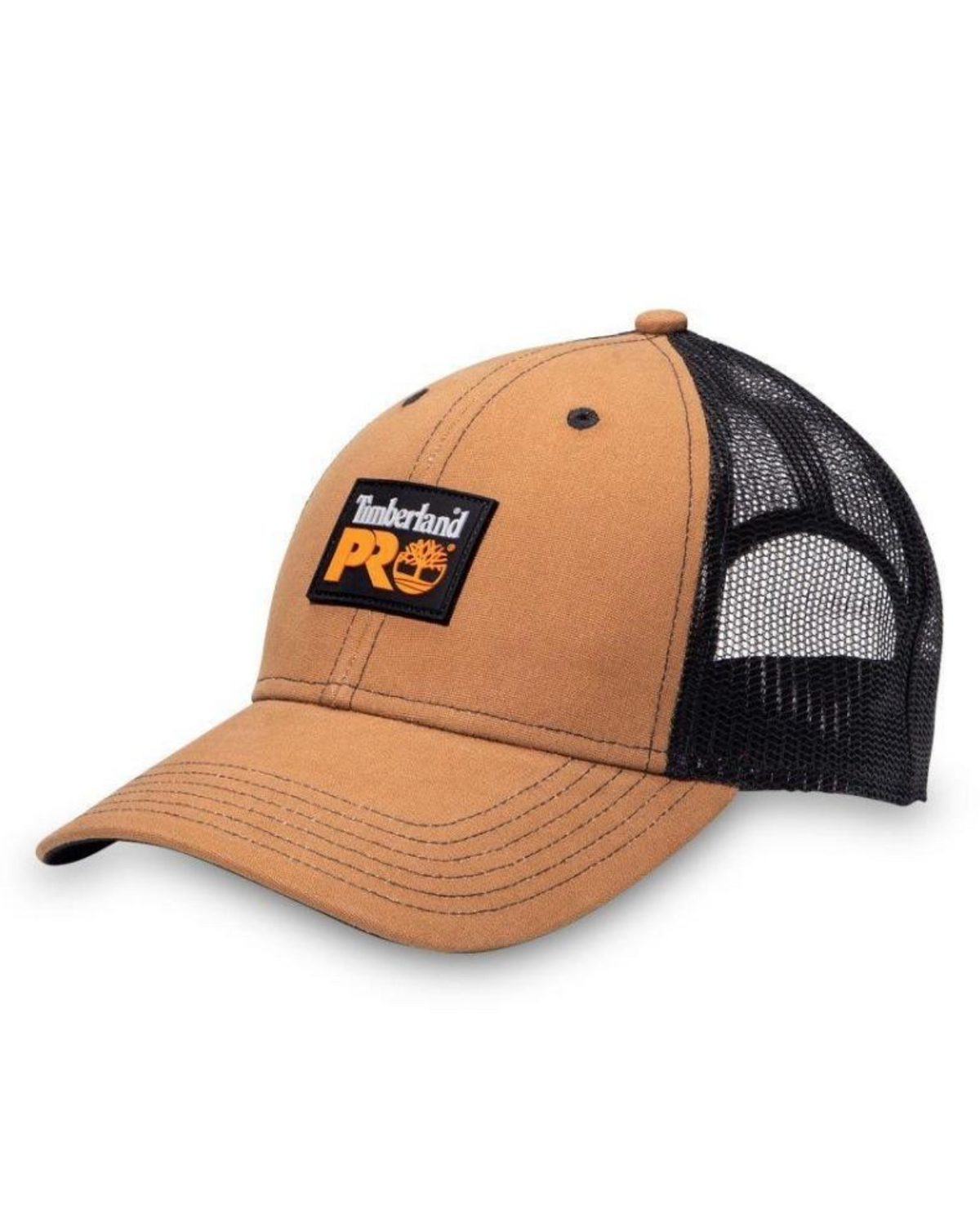 The Timberland Pro Gritman Trucker is a brown and black cap with a "Timberland PRO" logo patch on the front. It features a brown front panel, breathable black mesh back, and an adjustable snapback for a perfect fit.