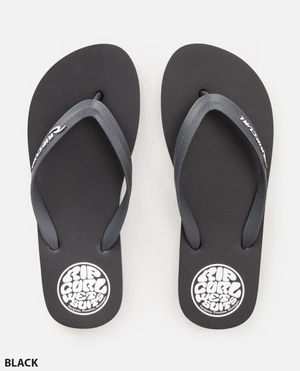 Rip Curl Icons Thongs: These black thongs feature gray ergonomic molded straps, a circular white logo with stylized text on the soles, "BLACK" in the bottom left corner, and a premium EVA rubber footbed for comfort.