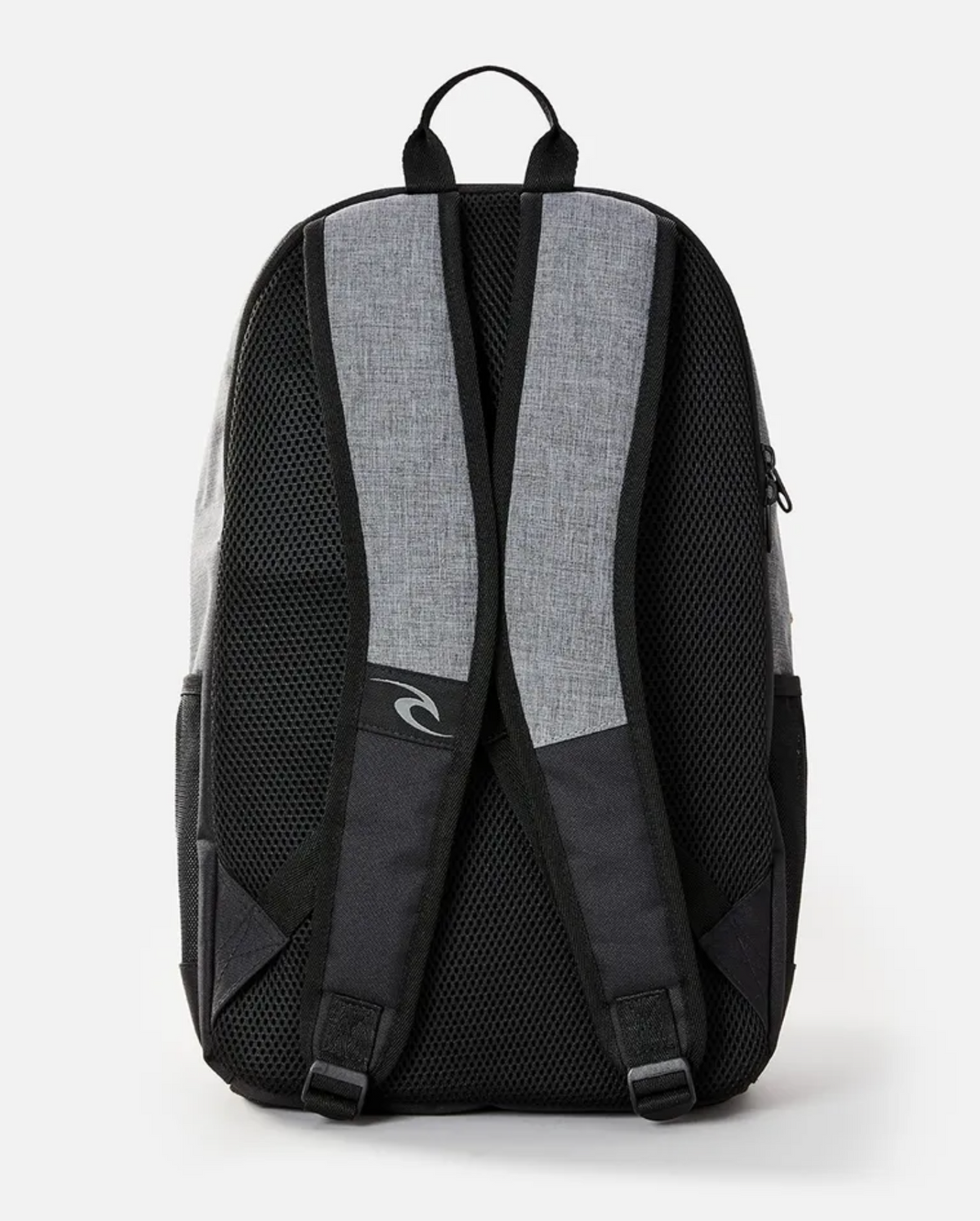 The Rip Curl Ozone 30L Driven Backpack in gray and black is shown from the back on a white background. It has two adjustable padded shoulder straps with mesh for comfort, side pockets, a durable polyester build, and features a subtle logo on the left strap.