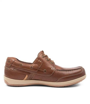Introducing the Colorado Brace Boat Shoe: a casual brown leather shoe with beige stitching and laces, featuring a white and beige slip-resistant sole and a moccasin-style toe. Its memory foam footbed ensures perfect comfort for all-day wear.