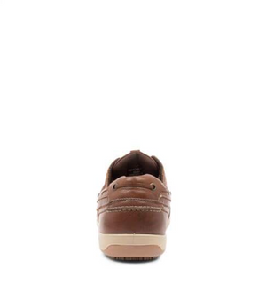 Rear view of the Colorado Brace Boat Shoe, a single brown leather moccasin-style shoe with white stitching and a beige, slip-resistant sole, set against a white background. Ideal for any enthusiast.