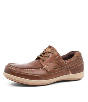 The Colorado Brace Boat Shoe is a brown leather moc-toe with white stitching and lace-up eyelets. It features a light beige slip-resistant rubber sole and a memory foam footbed for ultimate comfort.