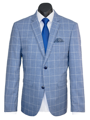 The Scuzzatti Check Suit features a slim fit wool blend jacket with a blue checkered pattern, paired seamlessly with a white dress shirt and blue tie. It has white grid lines, a stylish blue polka dot pocket square, and is fastened with two buttons.